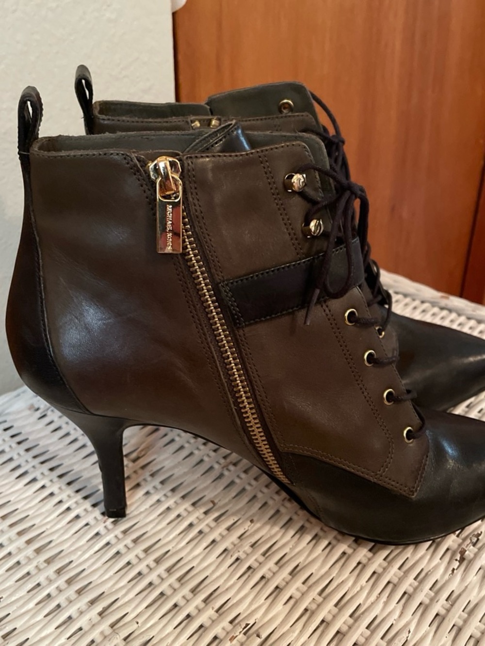 Michael Kors Olive and Black Leather Lace-Up Ankle Booties with Gold Zip